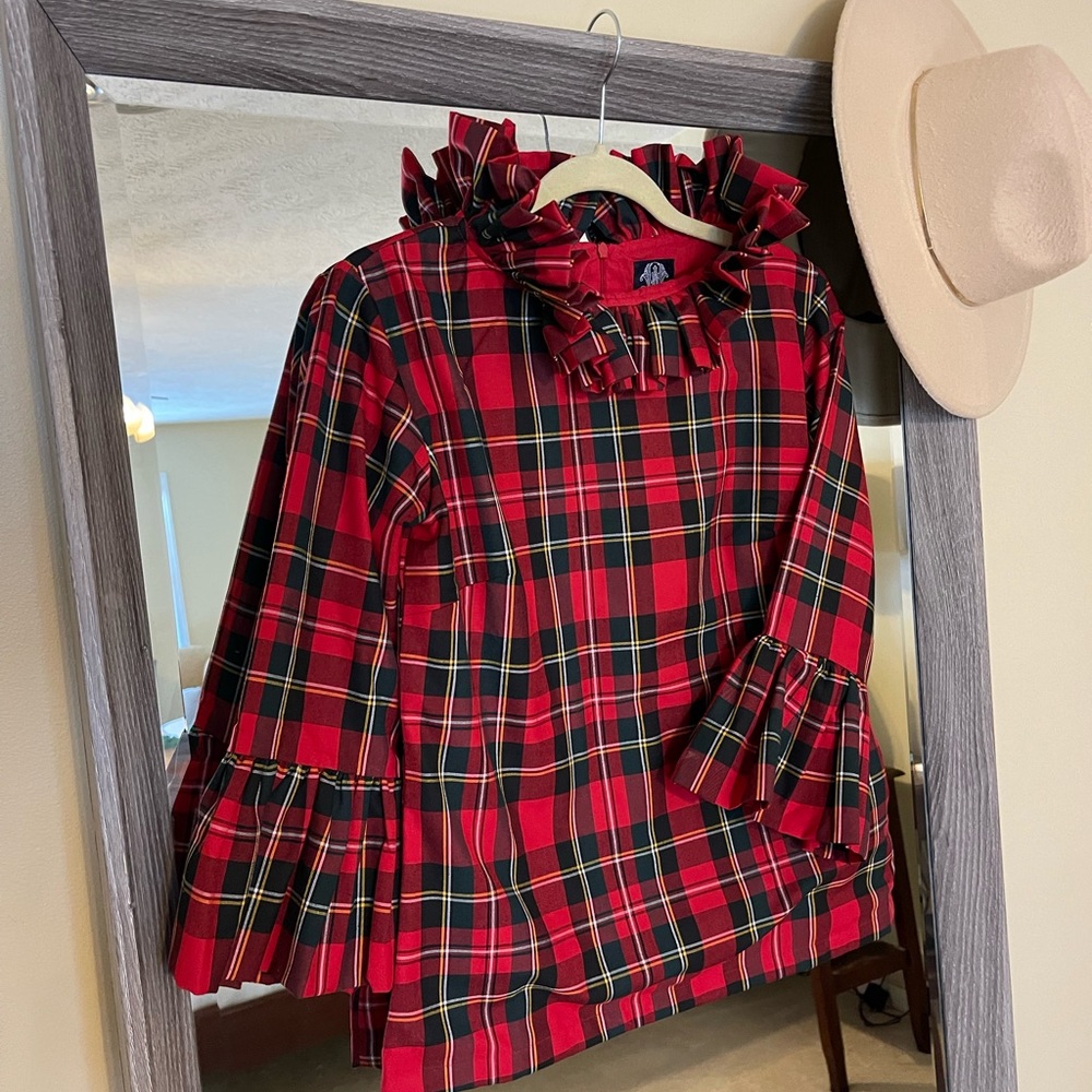 Plaid Blouse with Ruffle Collar and Bell Cuffed Sleeves